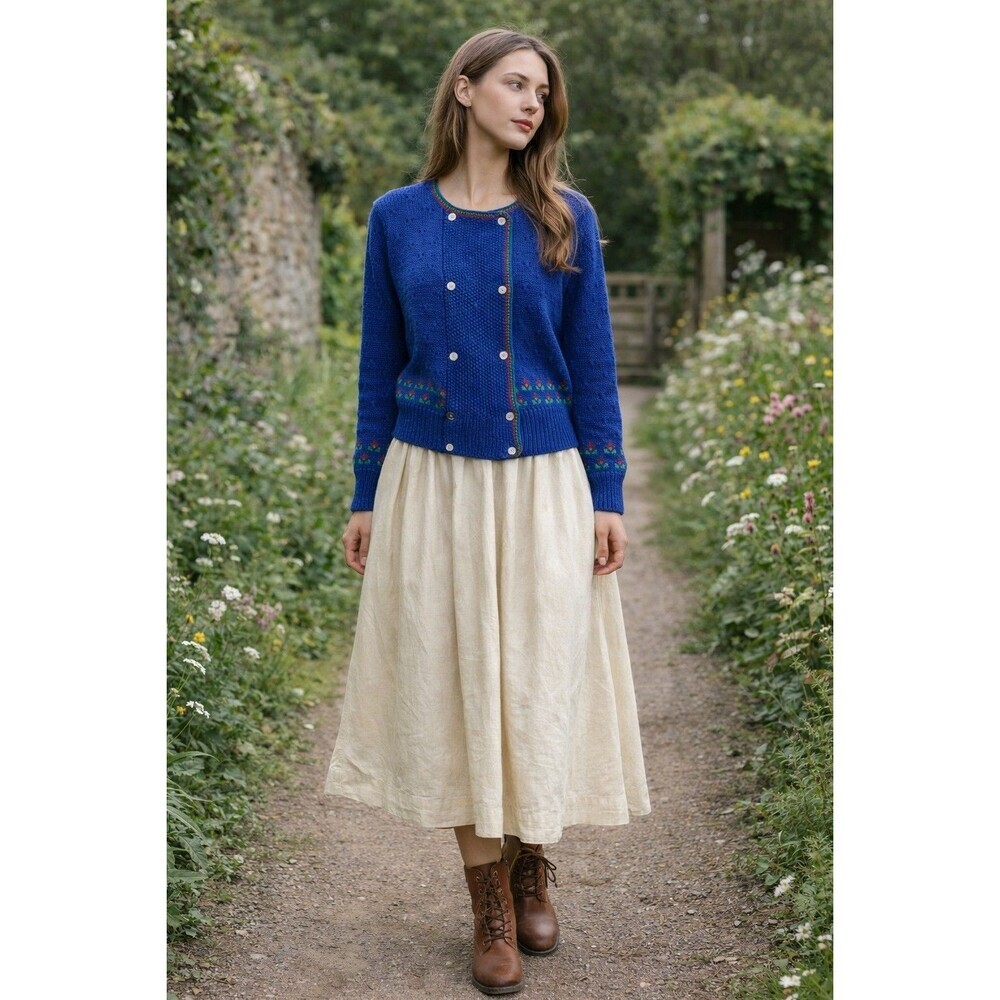 VTG CARROLL REED TULIP EMBROIDERED BLUE WOOL CARDIGAN  DOUBLE BREASTED SZ M